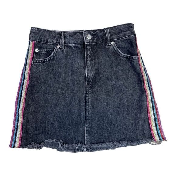 TOPSHOP Rainbow Metallic Striped Black Denim Jean Mini Skirt 4 Raw Hem - Picture 1 of 7